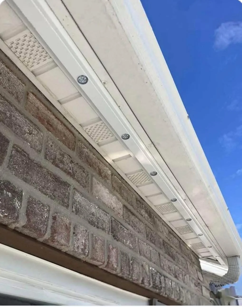 Actual recessed circular permanent lights in a white aluminum track beneath the soffit