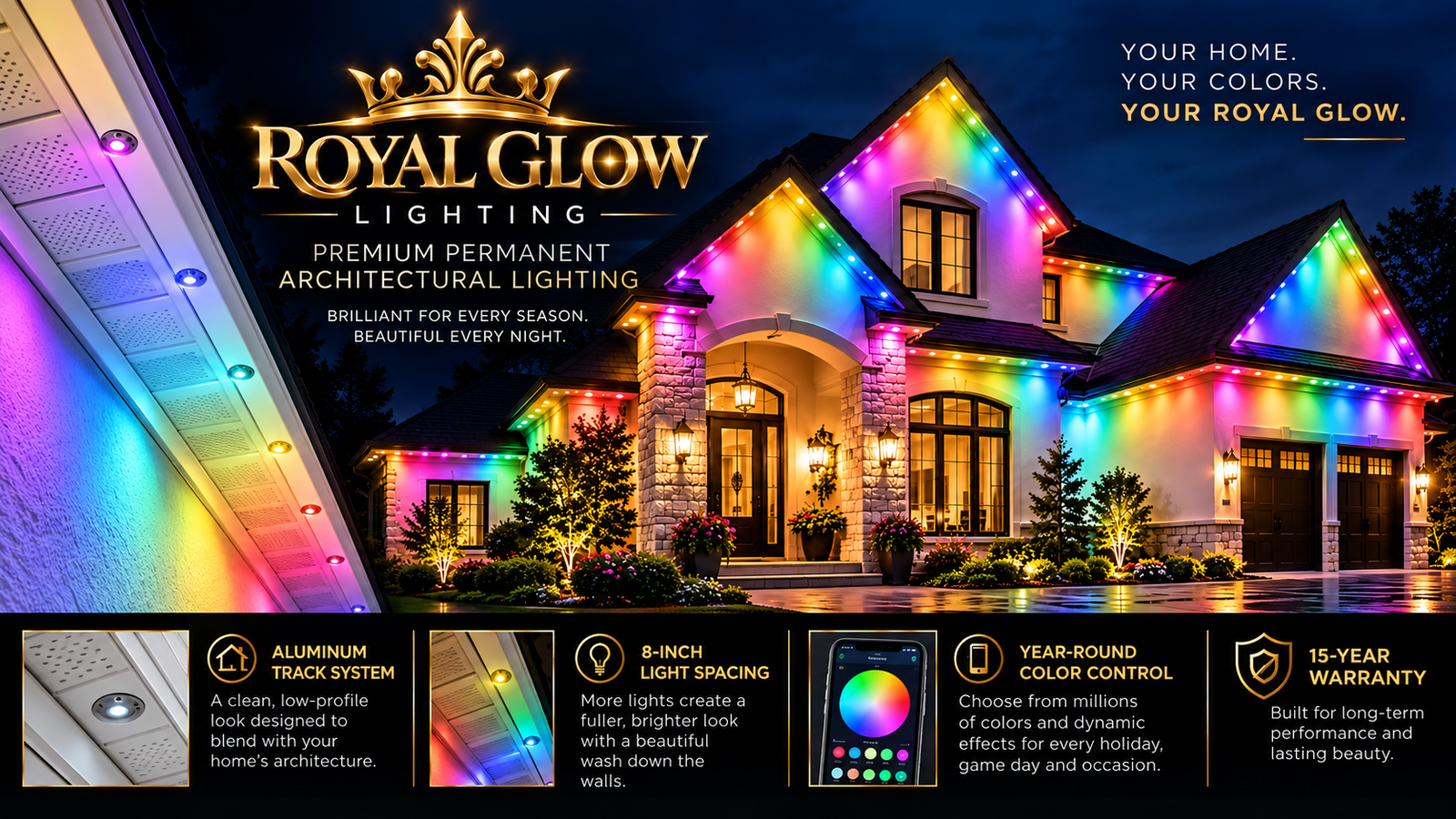 Royal Glow Lighting luxury home with multicolor permanent architectural lighting, discreet aluminum soffit track, eight-inch spacing, app color control and warranty